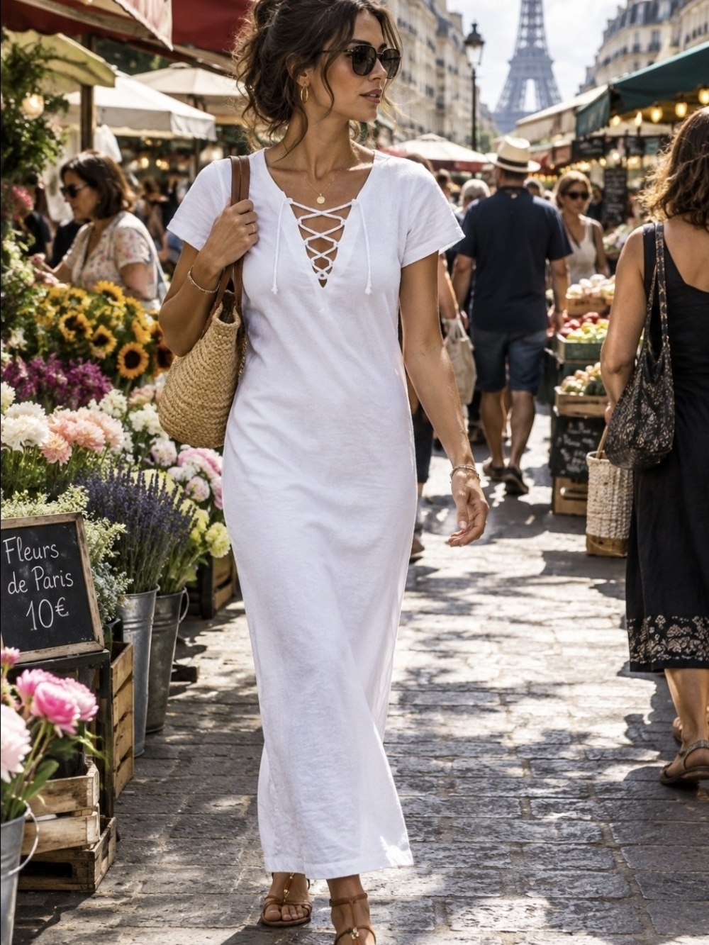LNA White Cotton Lace-Up V-Neck Maxi Dress XS